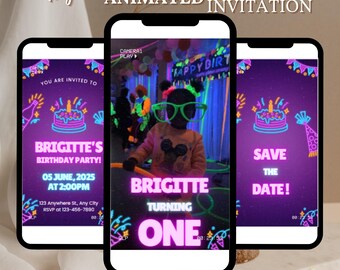 Plantilla editable de invitación a fiesta de cumpleaños con luces de neón, invitación a fiesta de neón para niñas y niños, plantilla para niños con luces de neón brillantes, Glow Evite, invitación Glow Crazy