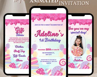Invitación de cumpleaños para un dulce, invitación para el primer cumpleaños de una niña, invitación con dulces en colores pastel, postre, donut, caramelo, helado, cupcake, invitación con video de Canva