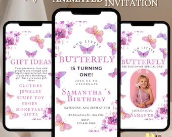 Invitación de cumpleaños de mariposa para niña Fiesta de mariposas Plantilla de invitación de mariposa para fiesta de cumpleaños de niñas / Invitación de mariposa digital ANIMADA