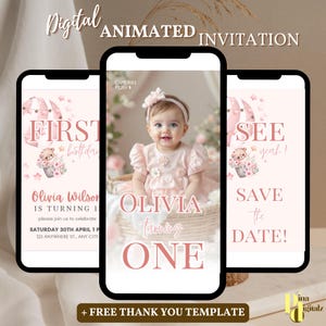 Beary First Birthday Digital Invitation, Boy Girl 1st Bday Minimalist Boho Evite, Teddy Bear Photo Electronic Invite Editable Canva Template