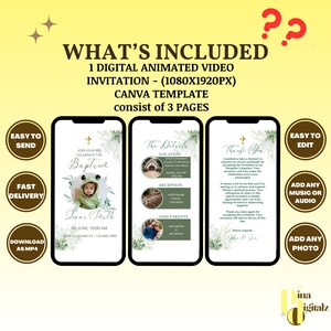 May include: A digital animated video invitation for a baptism. The invitation is green and white with a photo of a baby in a green frog costume. The text on the invitation says "Join us as we celebrate the Baptism of Jane Smith".