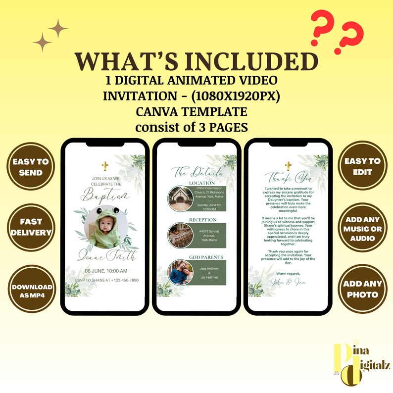 May include: A digital animated video invitation for a baptism. The invitation is green and white with a photo of a baby in a green frog costume. The text on the invitation says "Join us as we celebrate the Baptism of Jane Smith".
