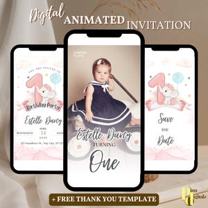 May include: A digital animated invitation for a first birthday party. The invitation features a pink and white colour scheme with a cartoon elephant holding a pink number one balloon. The text on the invitation reads "You are invited to Estelle Darcy's Birthday Party" and "Save the Date".