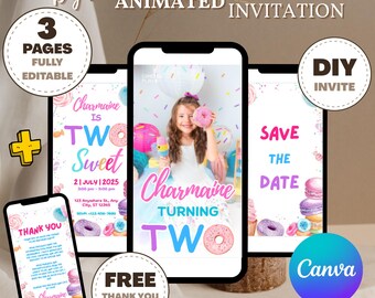 Two Sweet Birthday Invitation, Two Sweet Invitation, 2nd Birthday Invitation, Two Year Dessert Invite, Candy Sweets Donut Invite, Canva