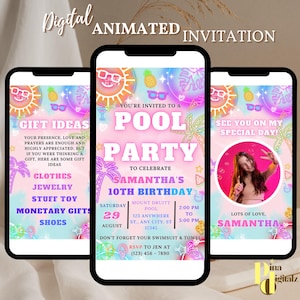 Editable Pool Party Invitation, Glow Neon Invite, Tropical Tie Dye Birthday Pool Party Invitation Swimming Party Instant Download ANIMATED