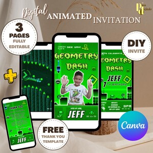 Kids Birthday Video Invitation Geometry Dash Invitation Template | Personalise & Edit | Canva Instant Download I Geometry Dash Birthday 0003