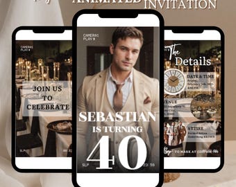 Men Suit Birthday Party Invitation, Male Birthday Dinner Animated Invitation, Editable Man Birthday Digital Video Invite, Brown Suit MEN0001