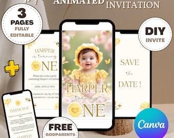 Editable Bee First Birthday Invitation, Sweet To Bee One Birthday Invitation, Bee Day Party, Cute Bee Invitation, Instant Download