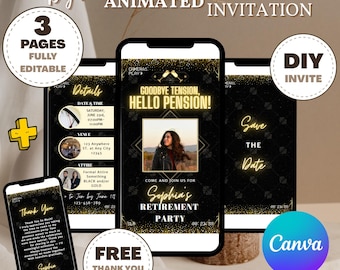 Digital Retirement Party Invitation For Her Him Modern Black And Gold Retirement Dinner Invite Instant Download Mobile Phone Evite RET0016