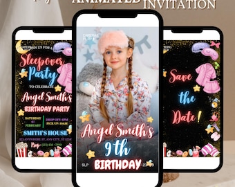 Sleepover Birthday Invitation, Editable Sleepover Invite, Slumber Party, Pajama Party, Retro Neon Lights Editable Template, ANIMATED