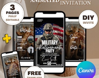 Invitación de jubilación militar moderna animada, invitaciones para fiestas militares, invitación del ejército, invitación de soldado, invitación militar RET0001