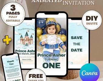 Editable The Little Prince Invitation, 1st Birthday Invite, Prince Birthday Party, Boy Invitation | Edit with Canva