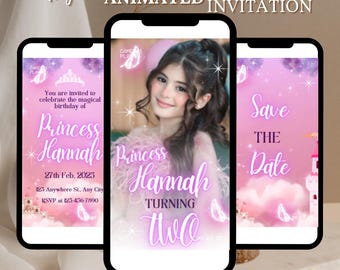 Invitación de cumpleaños de princesa en acuarela, invitación de princesa, invitación de fiesta de princesa, invitación de princesas niñas, pastel dorado, Canva editable