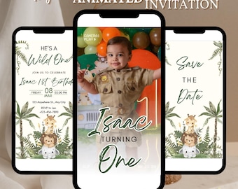 Safari Erster Geburtstag Evite, Wild One Geburtstag, 1. Geburtstag Digitale Einladung, Dschungel Erster Geburtstag Evite, Dschungeltier-Party