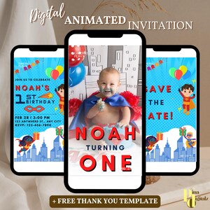 May include: Digital invitation for a superhero-themed first birthday party. The invitation features a photo of a baby boy in a blue and red superhero costume, with the text "Noah Turning One" in red and white. The invitation also includes a blue and red cityscape background with a superhero girl flying in the sky.