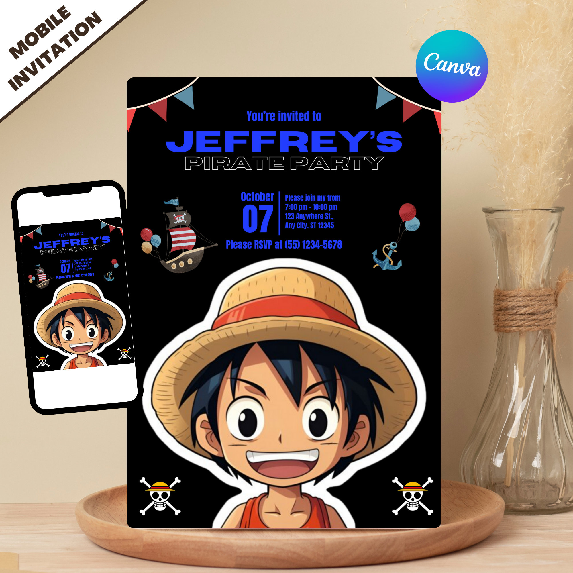 One piece anime invitation template editable birthday invitation luffy