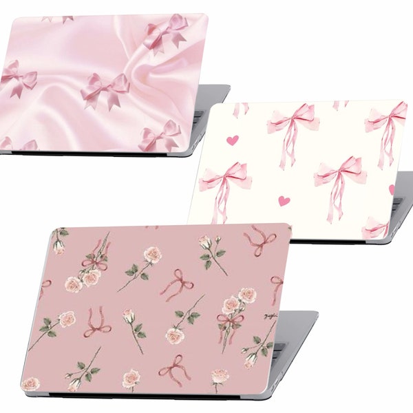 Mac Book Case Pink Bow Girly Cute Floral Aesthetic Art Flowers Floral Laptop Cover for MacBook M2 M1 Pro, Air 13 14 16 inch