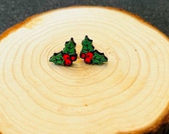 Christmas Hand-painted Holly Berry earrings - Jewelry - Holly Berry Studs- Christmas Earrings