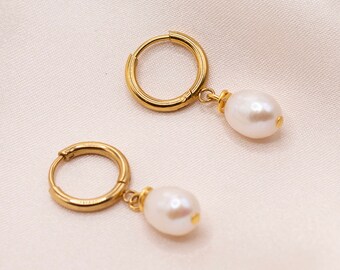 Pearl Gold Huggie Hoop Waterproof Earrings Waterproof