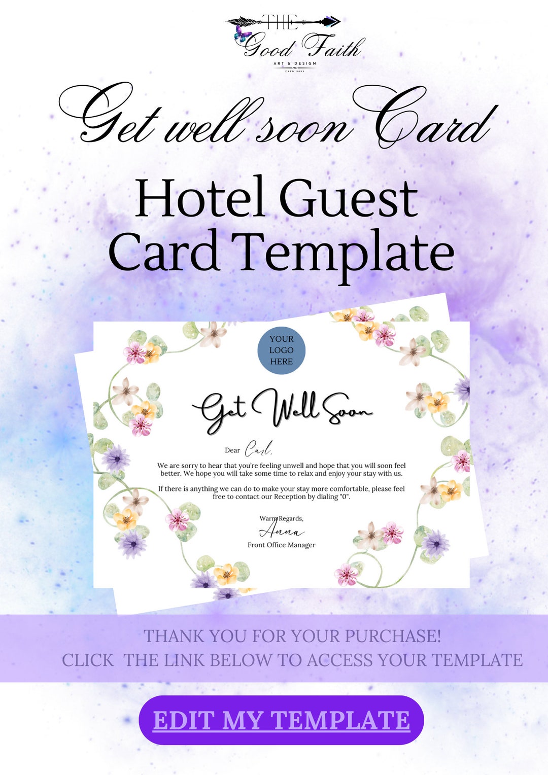 Hotel Guest Card Template Get Well Soon Etsy
