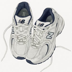 Puede incluir: Ilustración en acuarela de un par de zapatillas deportivas blancas y azul marino. Las zapatillas presentan el logotipo de la marca en la lengüeta y el lateral, con cordones blancos. El diseño incluye detalles de malla y cuero.