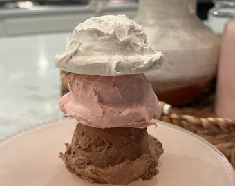 Fake ice cream/Fake Strawberry Vanilla Chocolate/Faux Scoops of ice cream/Fake neapolitan ice cream/Tiered tray decor/Summer kitchen decor