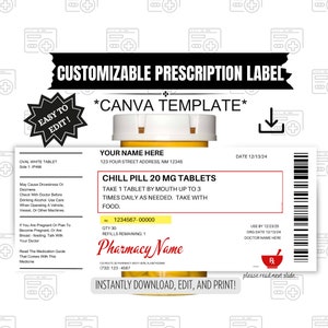 Editable Prescription Label, Prescription Label Template, Editable Pharmacy Label, Printable Medicine Label, Canva