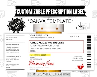 Editable Prescription Label, Prescription Label Template, Editable Pharmacy Label, Printable Medicine Label, Canva