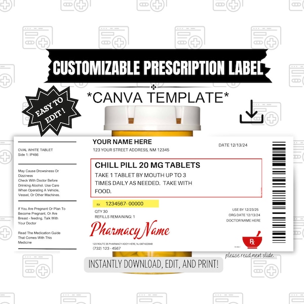 Editable Prescription Label, Prescription Label Template, Editable Pharmacy Label, Printable Medicine Label, Canva