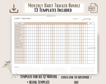 Printable Monthly Habit Tracker Bundle, Downloadable / Editable Canva Instant Download