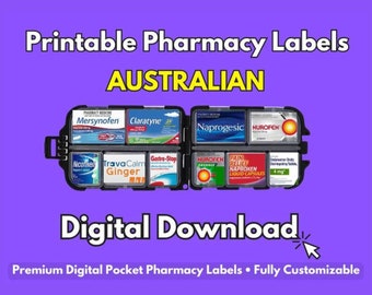 Etiquetas de farmacia imprimibles AUSTRALIANAS / Contenedor de píldoras, Estuche de píldoras de viaje, Farmacia de bolsillo, Etiquetas de cajas de píldoras, etiquetas de medicamentos, Digital