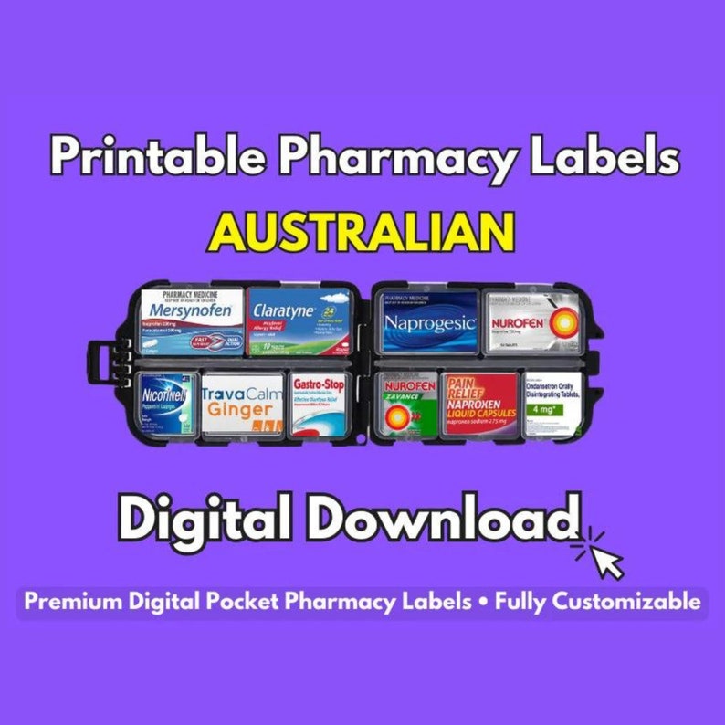 AUSTRALIAN Printable Pharmacy Labels Pill Container, Travel Pill Case, Pocket Pharmacy, Pill Box Labels, medicine labels, Digital image 1