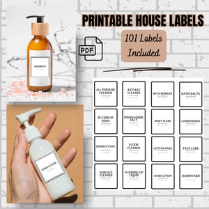 May include: Printable house labels in black and white with a variety of household items, such as shampoo, hand lotion, and disinfectant. The labels are organised in a grid format and include the text "101 Labels Included".