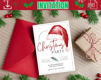 May include: A printable Christmas party invitation with a red Santa hat illustration and the words "Christmas Party." The invitation is on a white background, with a red envelope and a wrapped gift. The text "Easily Customize with Canva" is at the bottom.