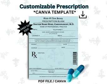 Editable Prescription Template, Professional Script, Prescription Pad, Printable Medicine Label, Editable Prescription Pad, Canva Template