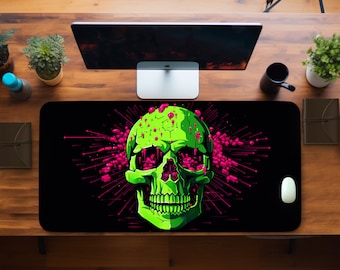 Neon Green Skull Gaming Mouse Pad: Cyberpunk Desk Mat