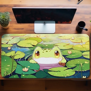 Cute Frog Deskpad, Lofi Desk Mat, Kawaii MousePad, Green Deskmat, Large Anime Gaming Mouse Pad, Led Mouse Pad XL, Wireless Charger Mouse Pad