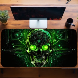Neon Matrix Skull Desk Mat: Extended Green Mouse Pad