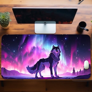 May include: A black wolf stands in front of a colorful aurora borealis. The aurora is pink, purple, and blue with white stars in the background.