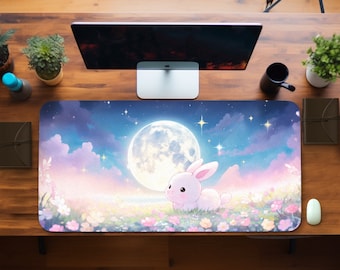 Desk Mat Kawaii, Cute Bunny Deskpad, Neutral Gaming Mouse Pad, Aesthetic Desk Decor, Nature Desk Mat, Pastel Desk Pad, Moon Mouse Pad.