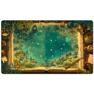 May include: A rectangular playmat featuring a fantasy map design. The map is open like a book, with a teal and starry sky in the center. Surrounding the map are illustrations of forests, buildings, and various objects, including a quill, inkwell, and small books.