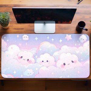 Tappetino per mouse con nuvole pastello carine, tappetino da scrivania Kawaii Cloud, arredamento da gioco estetico, tappetino per mouse esteso di grandi dimensioni, accessori da scrivania Anime, tappetino da scrivania viola