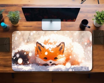 Snow Fox Desk Pad: Kawaii Office Decor, Extended Mouse Mat