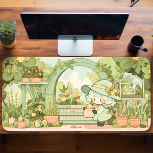 Garden Desk Mat Cute, Green Mousepad Kawaii, Cute Girl Anime Character, Extended Keyboard Mat, Floral Mouse Pad XL, XXL Gaming Deskmat Gift