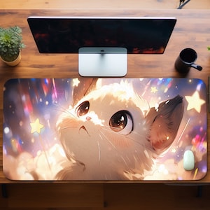 Cute Kitten Desk Mat Aesthetic, Lofi Desk Mat, Pastel Cloud Gaming Mouse Pad, Gamer Girl Desk Accessories, Gifts for Gamers, Cat Deskmat