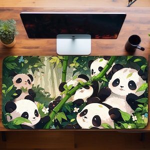 May include: A green and brown panda mouse mat with a bamboo design and multiple pandas in various poses. The pandas are black and white with cute expressions.
