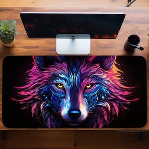 May include: A colorful abstract wolf head design on a black background. The wolf's fur is made up of swirling lines of pink, blue, and yellow.