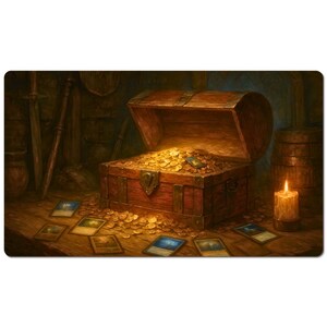 May include: A playmat featuring a wooden treasure chest overflowing with gold coins. Several game cards are scattered on the wooden surface in front of the chest. A lit candle and a barrel are in the background, creating a fantasy theme.