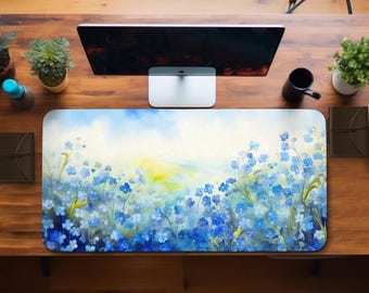 Forget Me Not Floral Desk Mat, Cottagecore Blue Mousepad