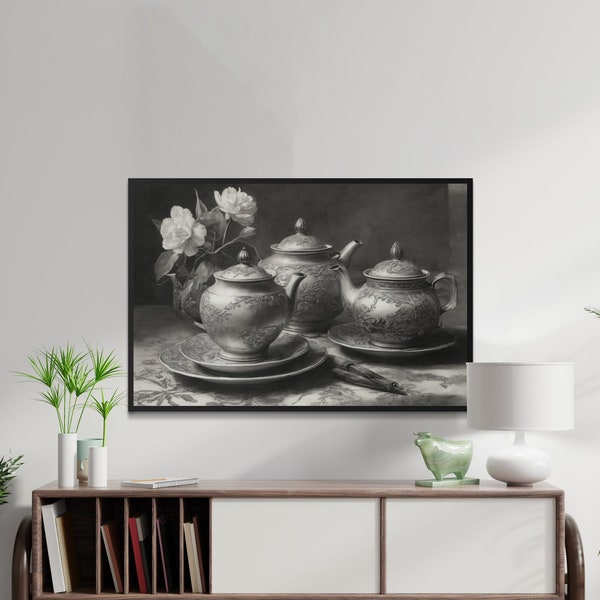 Retro Teapot Sketch Wall Art, Rustic Home Decor, Digital Download, Printable Antique Teapot Illustration, Flowers and Ornamental Eeapots